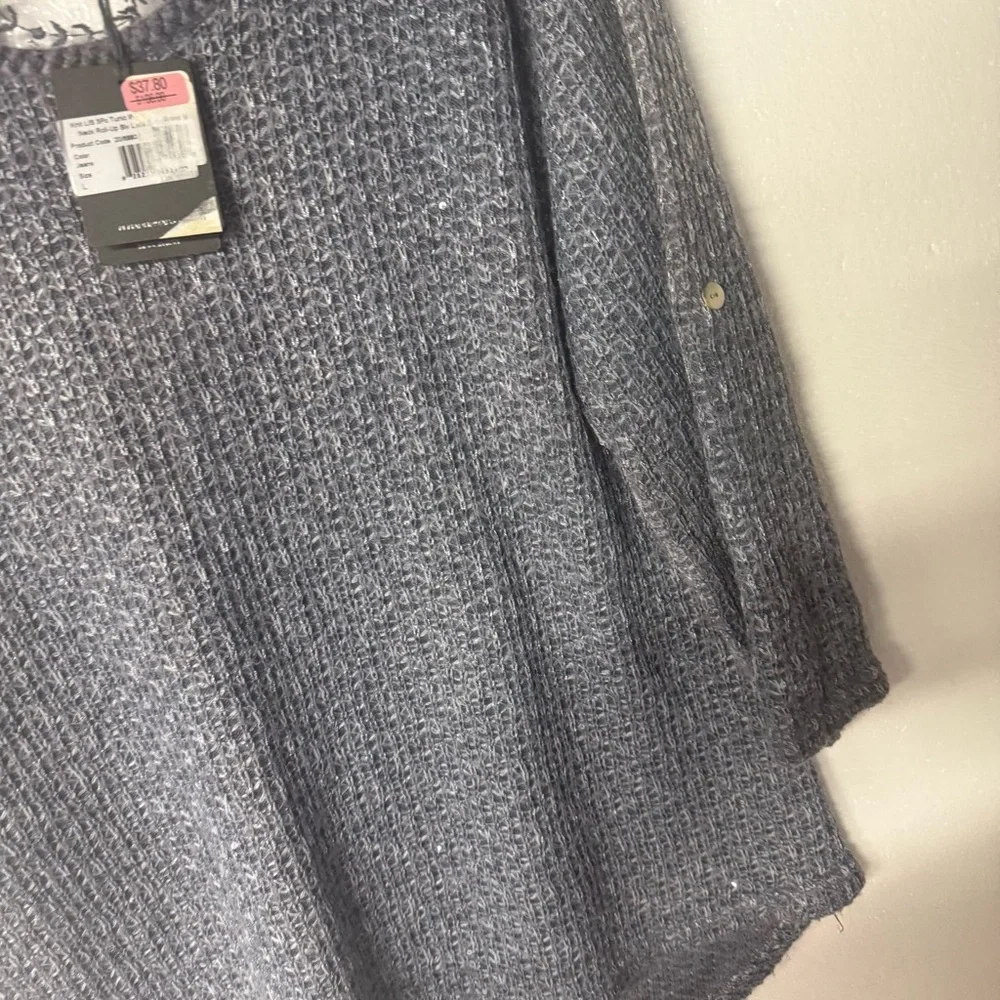 M Made In Italy Sweater Women L Blue Knit Sparkly Sequin V Neck Lace Floral Back - Picture 4 of 9